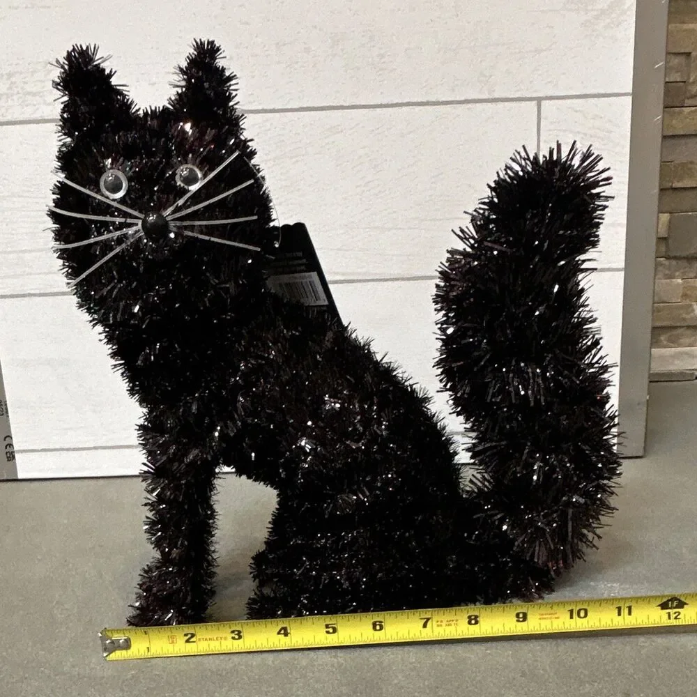 Ashland Halloween Black Tinsel Sitting Cat & Bat Decor w/ Faux Straw Bale